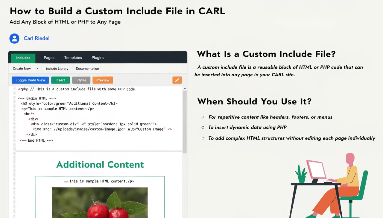 How to Build a Custom Include File in CARL | Add Any Block of HTML or PHP to Any Page | Carl Riedel