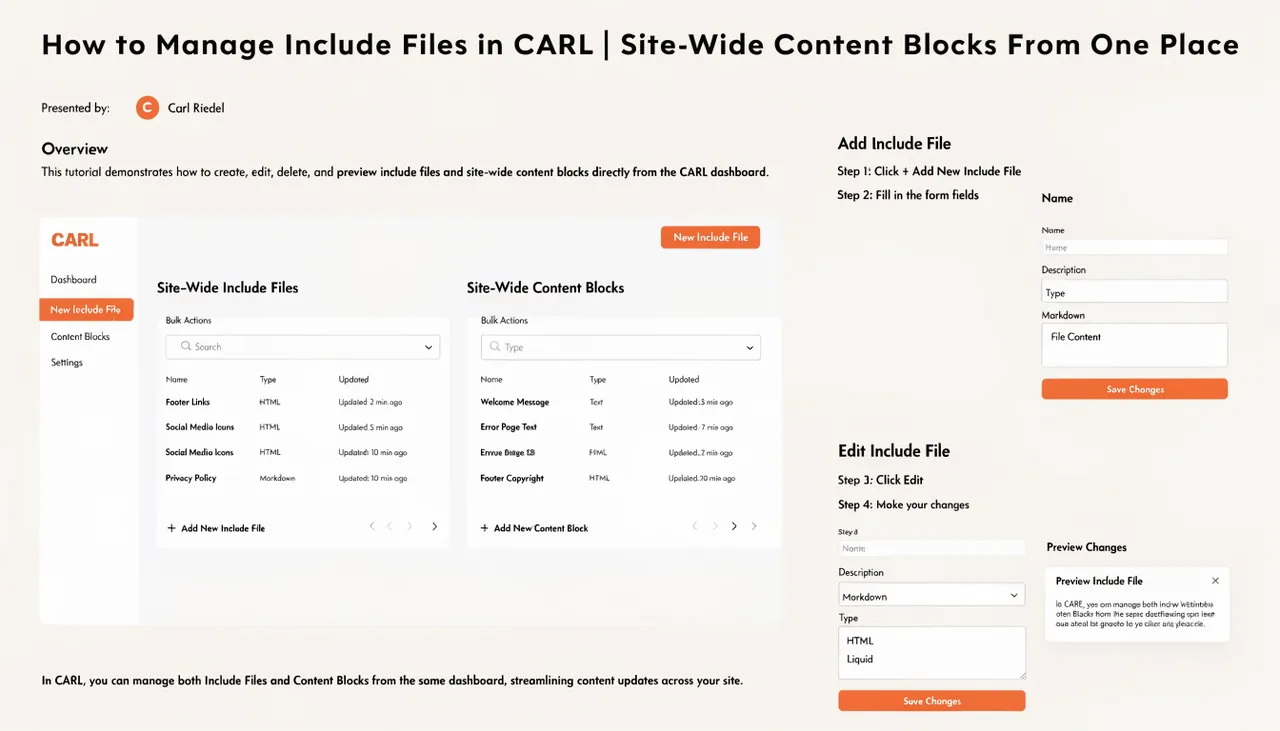 How to Manage Include Files in CARL | Site-Wide Content Blocks From One Place | Carl Riedel