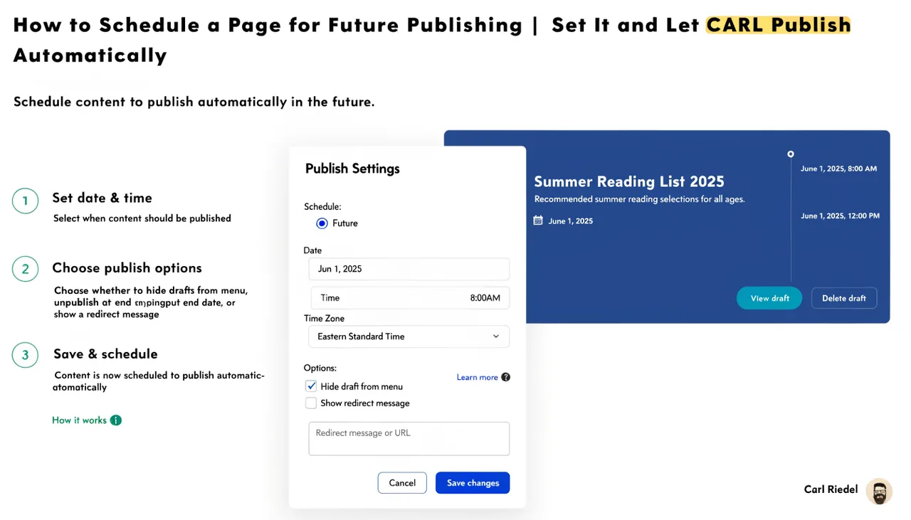 How to Schedule a Page for Future Publishing | Set It and Let CARL Publish Automatically | Carl Riedel