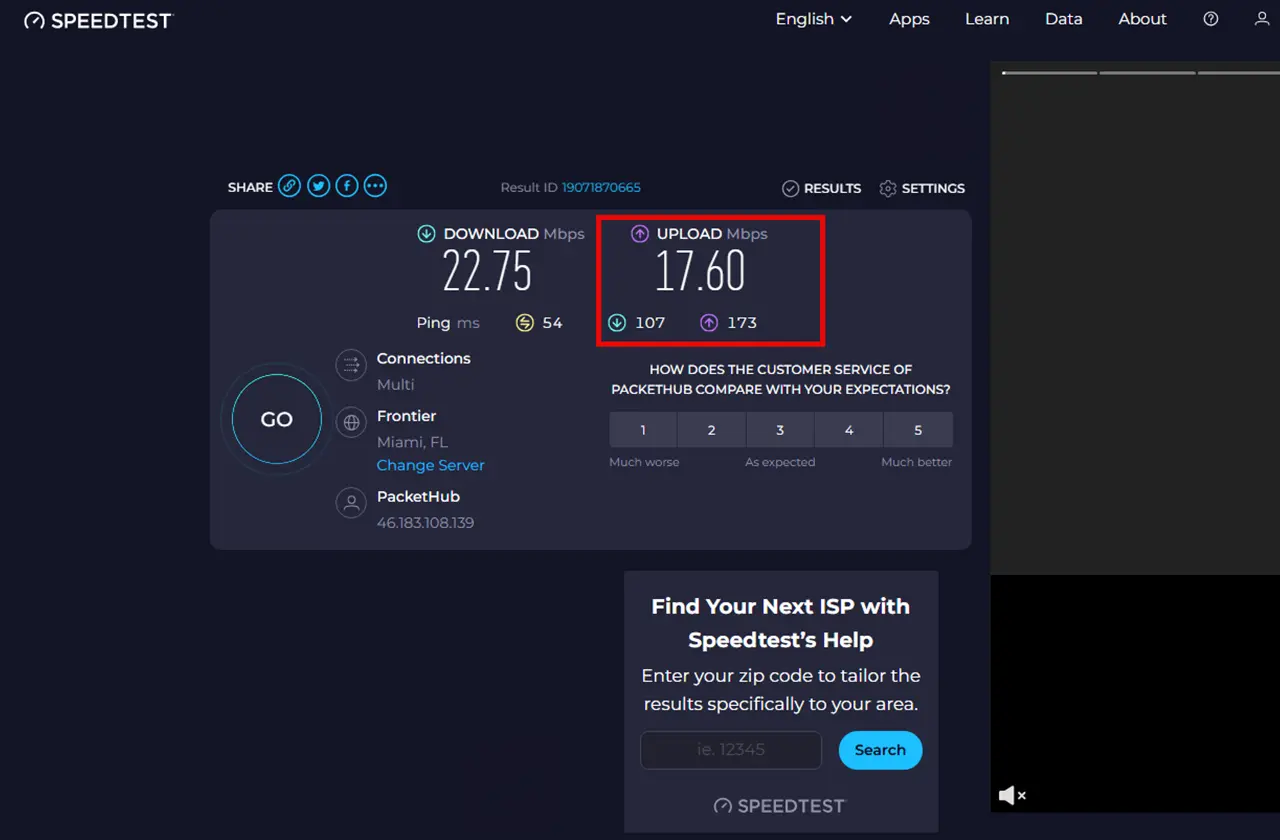 17.60 Mbps Upload Speed Internet Connection